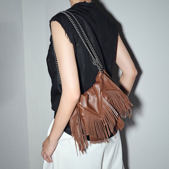 Leather tassel chain shoulder armpit bag - Memoo.com