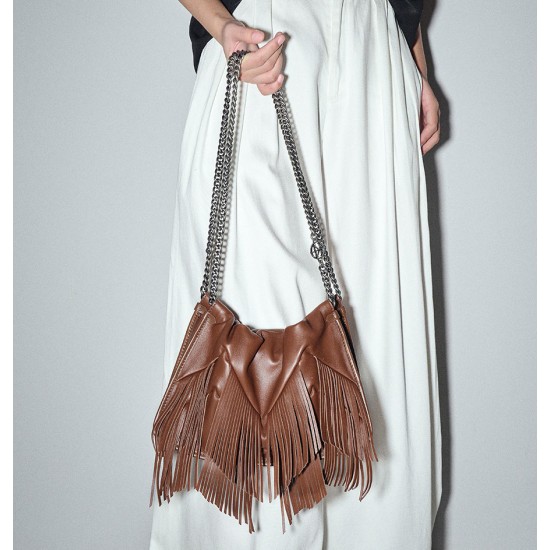 Leather tassel chain shoulder armpit bag - Memoo.com