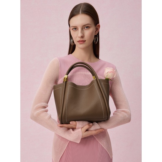 Leather top layer leather bucket bag slung shoulder bag handbag - Memoo.com