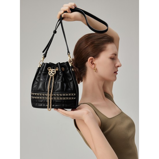 One-shoulder slung handbag leather bucket bag - Memoo.com