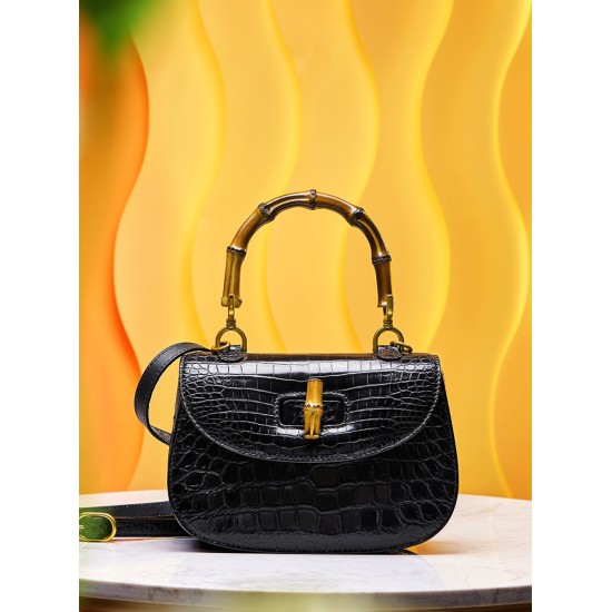 Crocodile leather womens bag, light luxury bamboo handbag - Memoo.com