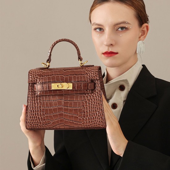 Crossbody Maillard crocodile patterned cowhide handbag - Memoo.com