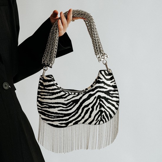 Copper bead tassel bag, armpit hand-held shoulder bag, crossbody bag, zebra color