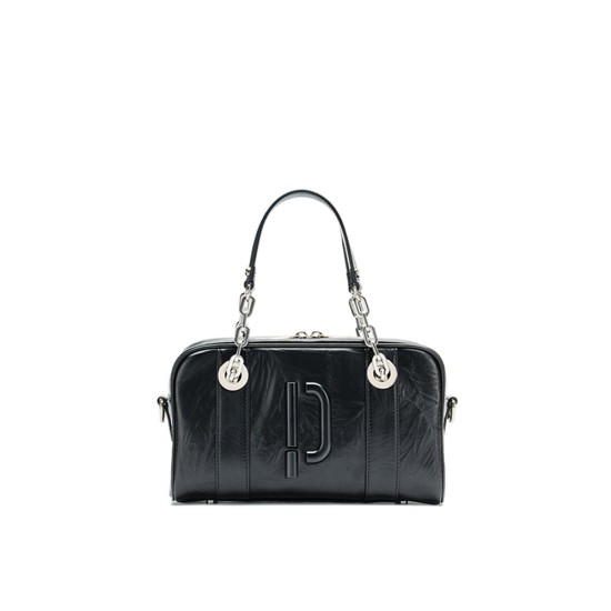 Boston genuine leather chain crossbody handbag, black bowling bag - Memoo.com