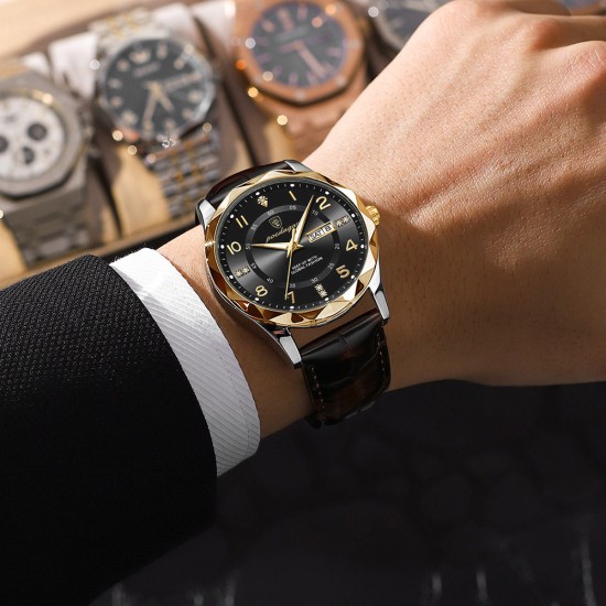 Trendy waterproof watch. Men's fully automatic mechanical watch with dual calendars, quartz movement and luminous function, a wristwatch. - Memoo.com