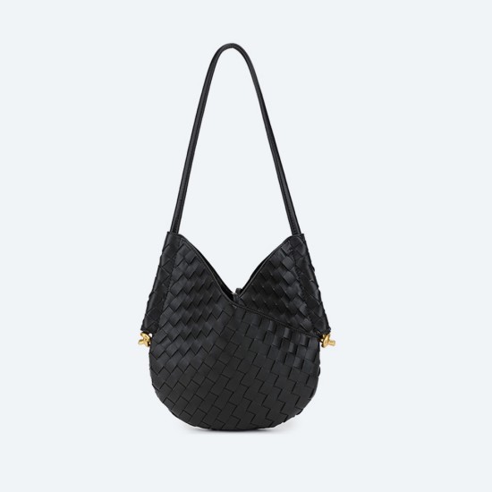 Hand-woven cowhide single shoulder hand underarm leather small round bag for women - Memoo.com