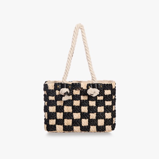 Checkerboard resort straw bag hand-held shoulder bag - Memoo.com