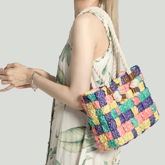 Checkerboard resort straw bag hand-held shoulder bag - Memoo.com