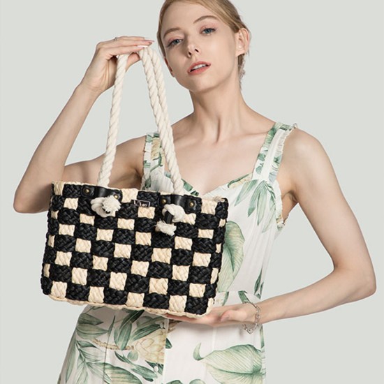 Checkerboard resort straw bag hand-held shoulder bag - Memoo.com