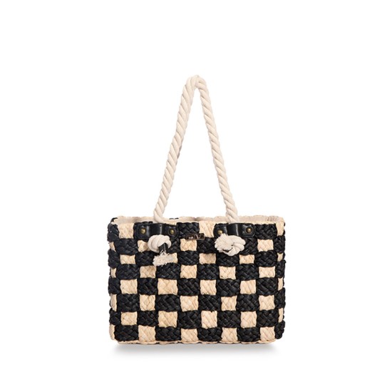 Checkerboard resort straw bag hand-held shoulder bag - Memoo.com