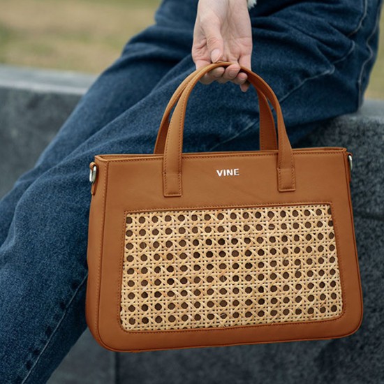 Handmade rattan tote bag cowhide niche Maillard