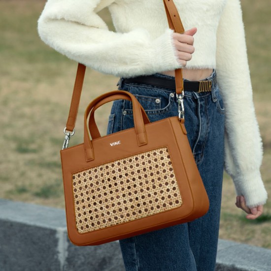 Handmade rattan tote bag cowhide niche Maillard