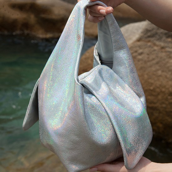 Mermaid lunch box bag silver shiny opening layer cowhide creative womens bag - Memoo.com