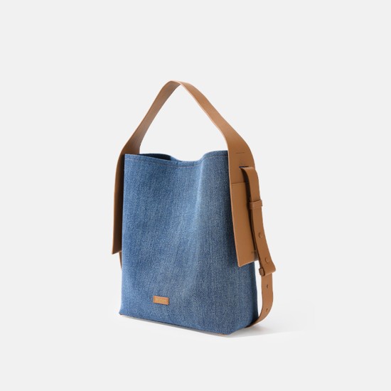 Hanging ear tote bag denim denim patchwork leather commuting shoulder bag - Memoo.com