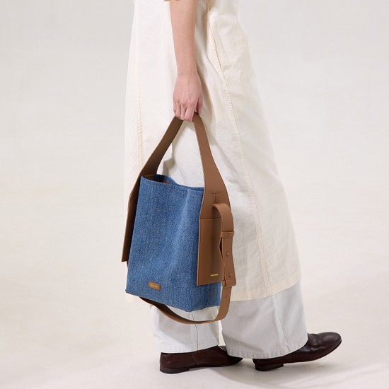 Hanging ear tote bag denim denim patchwork leather commuting shoulder bag - Memoo.com