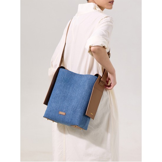 Hanging ear tote bag denim denim patchwork leather commuting shoulder bag - Memoo.com