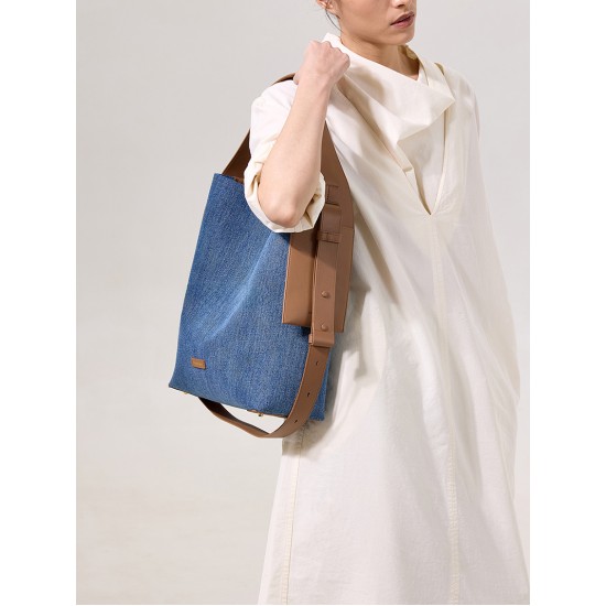 Hanging ear tote bag denim denim patchwork leather commuting shoulder bag - Memoo.com