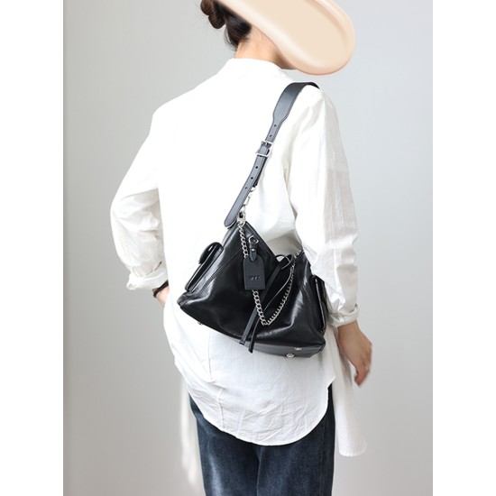 Goat skin all steel hardware carryall black warrior commuting tote bag shoulder bag - Memoo.com