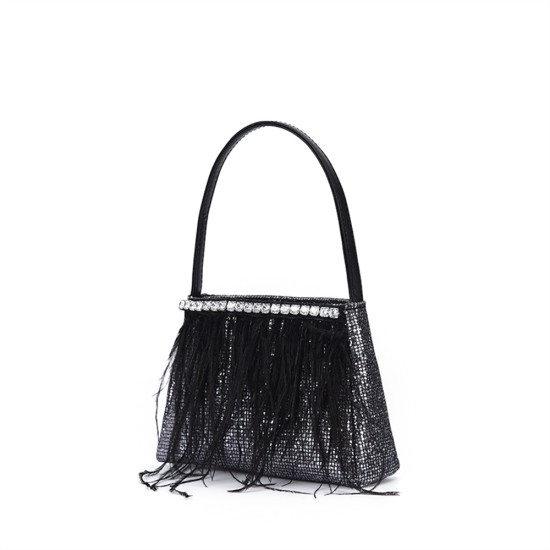 Feather handbag, black handbag, small square bag, rhinestone women's bag