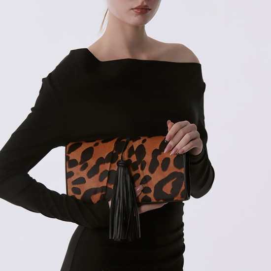 Leopard tassel detachable shoulder strap vintage clutch underarm bag - Memoo.com