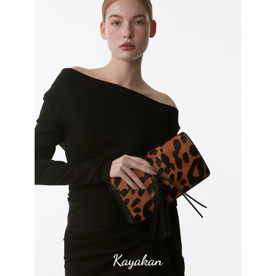 Leopard tassel detachable shoulder strap vintage clutch underarm bag - Memoo.com