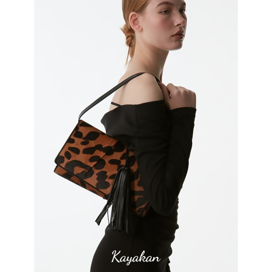 Leopard tassel detachable shoulder strap vintage clutch underarm bag - Memoo.com