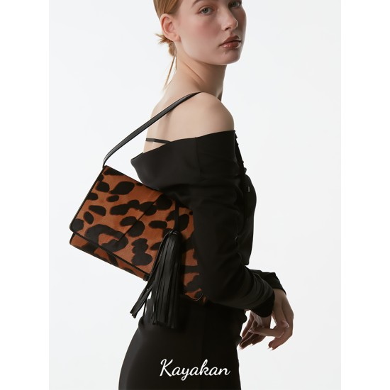 Leopard tassel detachable shoulder strap vintage clutch underarm bag - Memoo.com