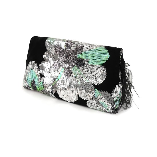 Embroidered sequins ostrich feather velvet clutch