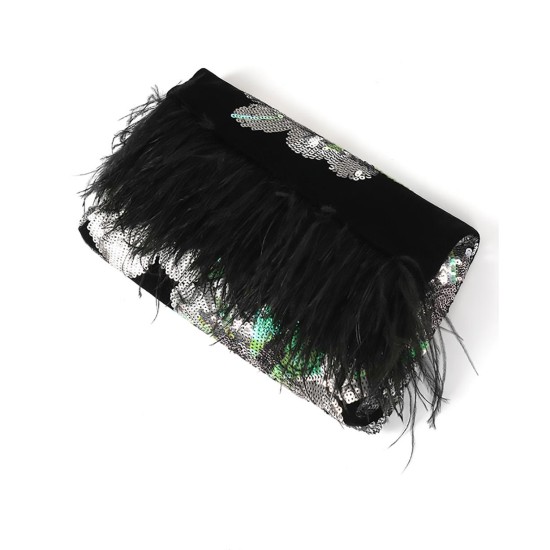 Embroidered sequins ostrich feather velvet clutch