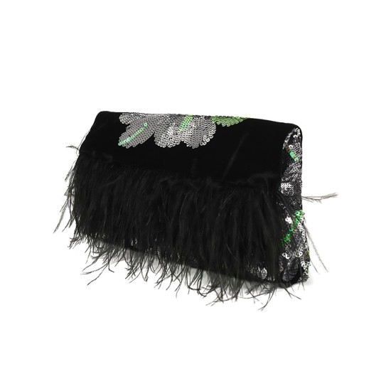 Embroidered sequins ostrich feather velvet clutch - Memoo.com