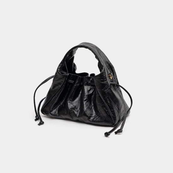 Scalloped small crossbody bag, pleated bag, textured drawstring leather shoulder bag - Memoo.com