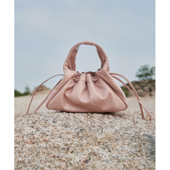 Scalloped small crossbody bag, pleated bag, textured drawstring leather shoulder bag - Memoo.com