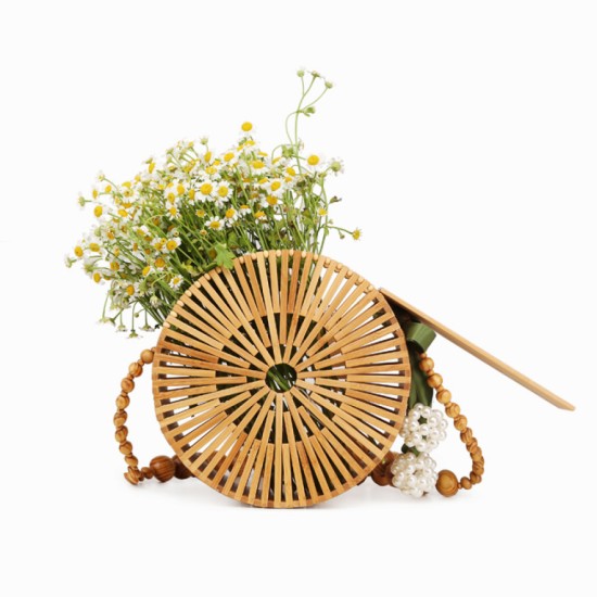 Women's bag: bamboo bag, straw bag, small round shoulder bag