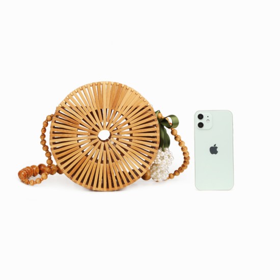 Womens bag: bamboo bag, straw bag, small round shoulder bag - Memoo.com