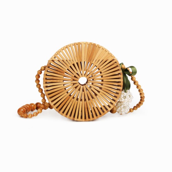 Women's bag: bamboo bag, straw bag, small round shoulder bag