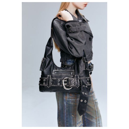 Vintage shoulder bag Commuter bag croissant underarm bag Black biker bag - Memoo.com