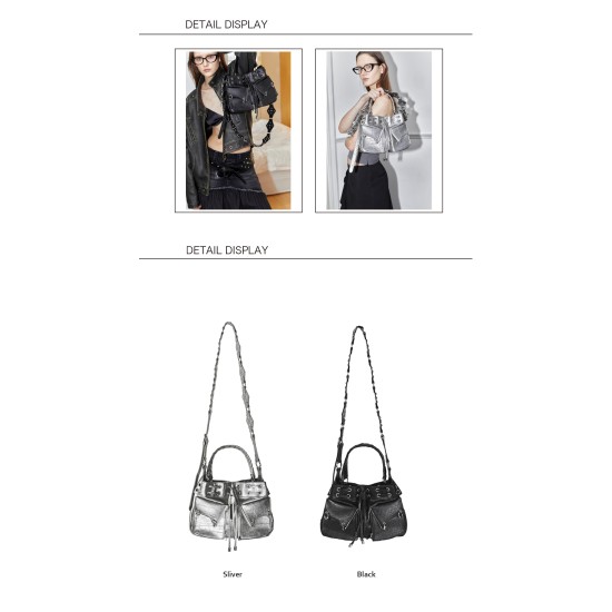 Silver drawstring pocket bag Women's motorcycle crossbody bag Black bucket bag Vintage leather bag Square bag