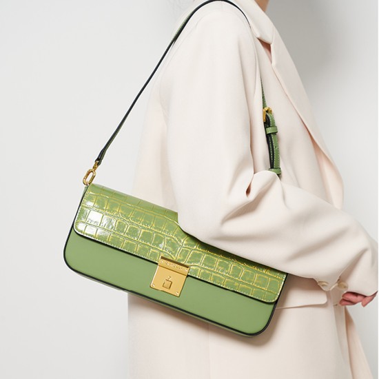 Crocodile-print armpit bag, baguette bag, K gold shoulder bag - Memoo.com