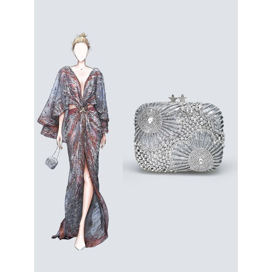 Silver Evening Bag Handheld Bag Box Clutch Rhinestone Clutch - Memoo.com