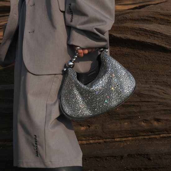 White Diamond Beaded Handbag, Dumpling Bag