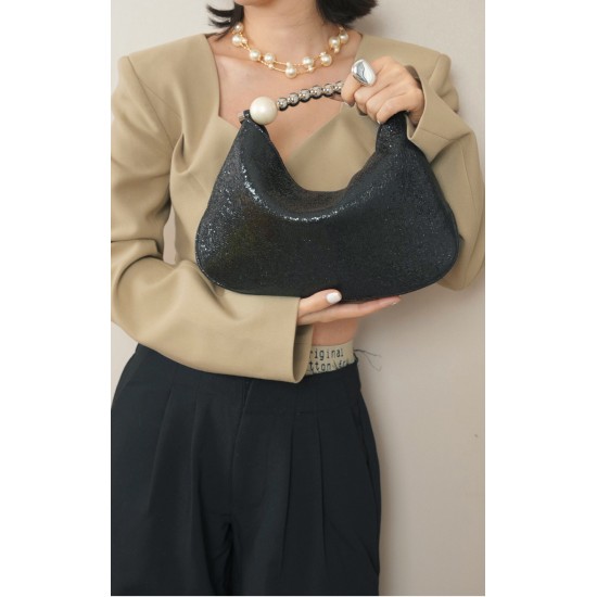 Black Diamond Beaded Handbag, Dumpling Bag - Memoo.com