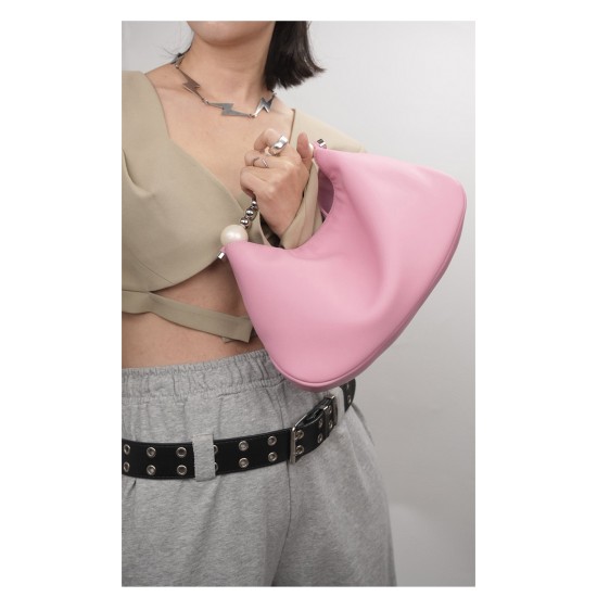 Pink Leather Beaded Handbag Dumpling Bag - Memoo.com