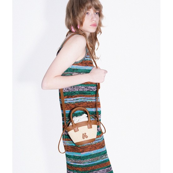 Woven vegetable basket, wrapped in cowhide and woven grass, hand-held crossbody bag - Memoo.com