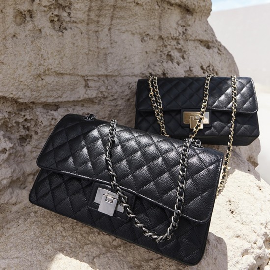 Female Baotou layer cowhide black small fragrant wind diamond check chain bag crossbody bag - Memoo.com