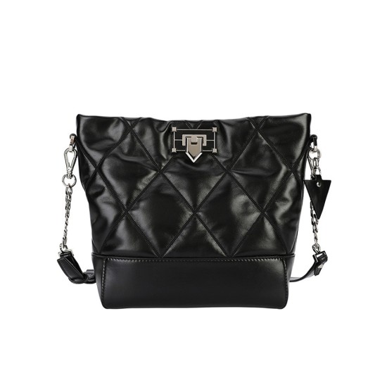 Leather diamond grid chain bucket bag crossbody bag - Memoo.com