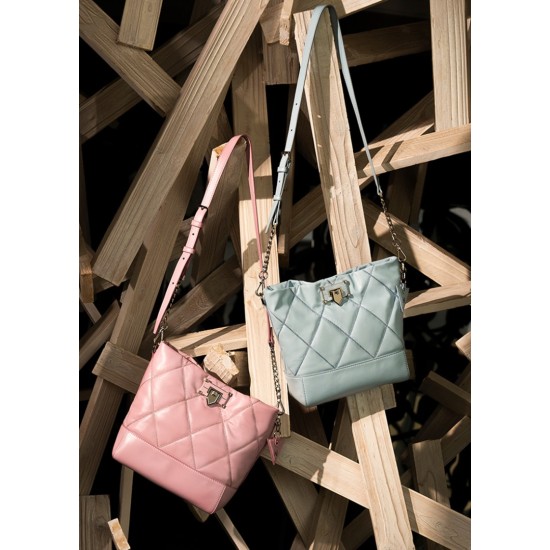 Leather diamond grid chain bucket bag crossbody bag - Memoo.com