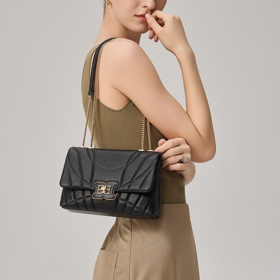 Leather chain bag, versatile cowhide shoulder crossbody bag, small square bag - Memoo.com