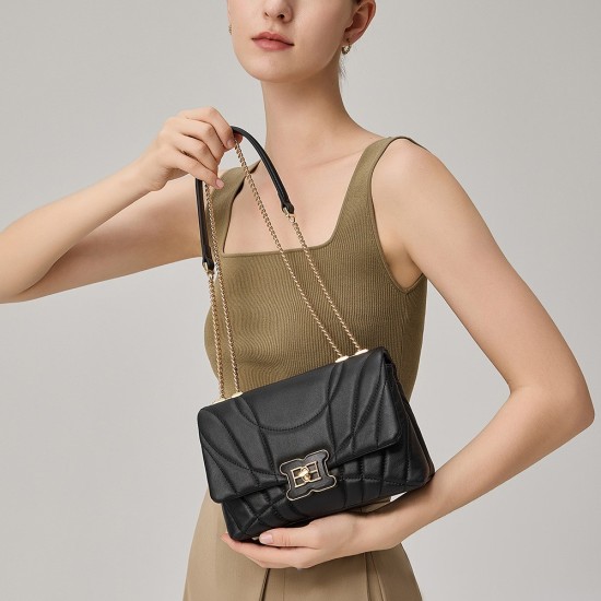 Leather chain bag, versatile cowhide shoulder crossbody bag, small square bag - Memoo.com