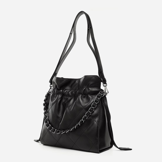 Sheepskin womens bag, genuine leather diamond grid chain bag, single shoulder bucket bag - Memoo.com